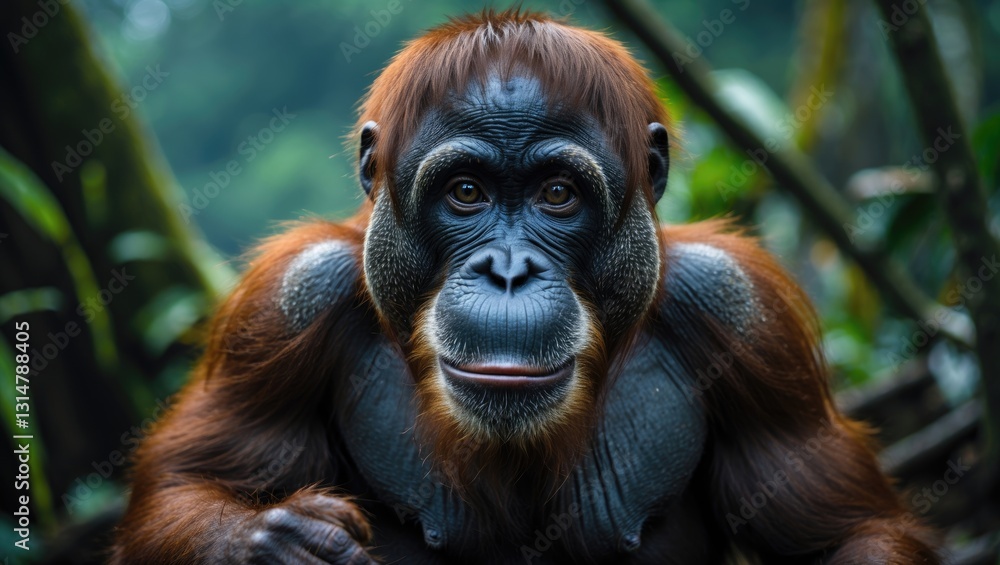 Fototapeta premium Orangutans, scientifically known as Pongo pygmaeus, are the sole Asian great ape residing on the islands of Borneo and Sumatra.