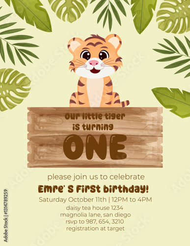 Birthday invitation card vector template. Safari birthday Party theme with animals and leaves.	