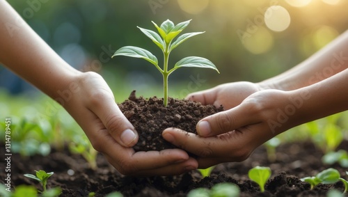 Wallpaper Mural Nature, hope, and hands holding a plant in a garden for an eco-friendly future, sustainability, and organic growth. Seedling, hobby, and young agricultural children supporting soil and greenery out... Torontodigital.ca