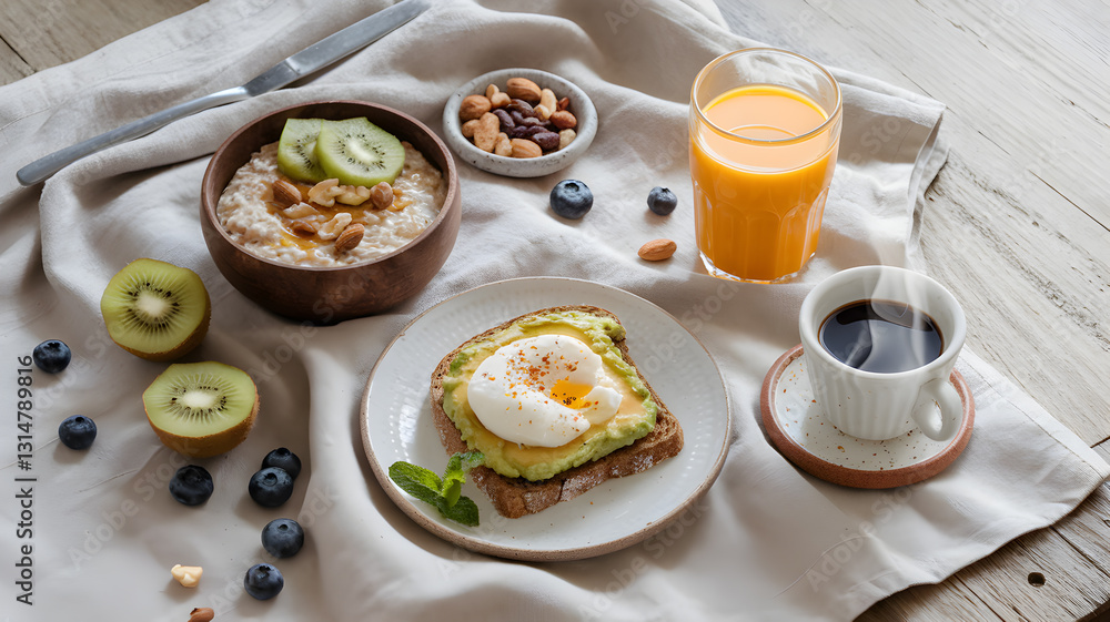 A beautifully arranged breakfast scene featuring avocado toast with a poached egg, oatmeal with fruits, a glass of orange juice, and coffee, set on a rustic wooden table A beautifully arranged breakfast scene featuring avocado toast with a poached egg, oatmeal with fruits, a glass of orange juice, and coffee, set on a rustic wooden table