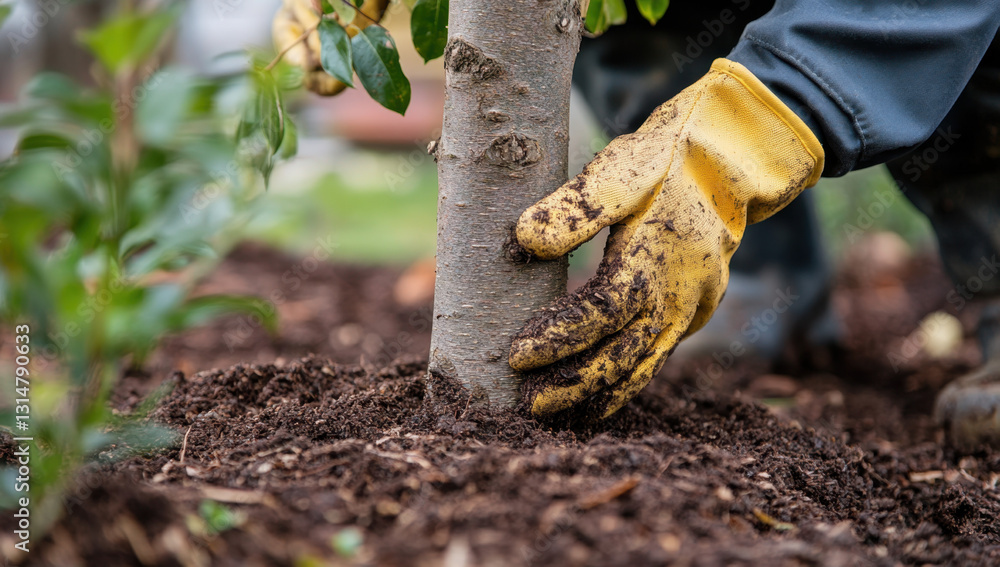 Hands covered in gardening gloves carefully plant a small tree into nutrient-rich soil, emphasizing the nurturing aspect of springtime gardening activities in a backyard Hands covered in gardening gloves carefully plant a small tree into nutrient-rich soil, emphasizing the nurturing aspect of springtime gardening activities in a backyard