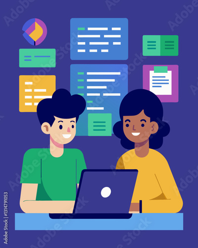 Two students working collaboratively on a coding project one typing away on a laptop while the other manipulates a graphical programming tool on a tablet.. Vector illustration