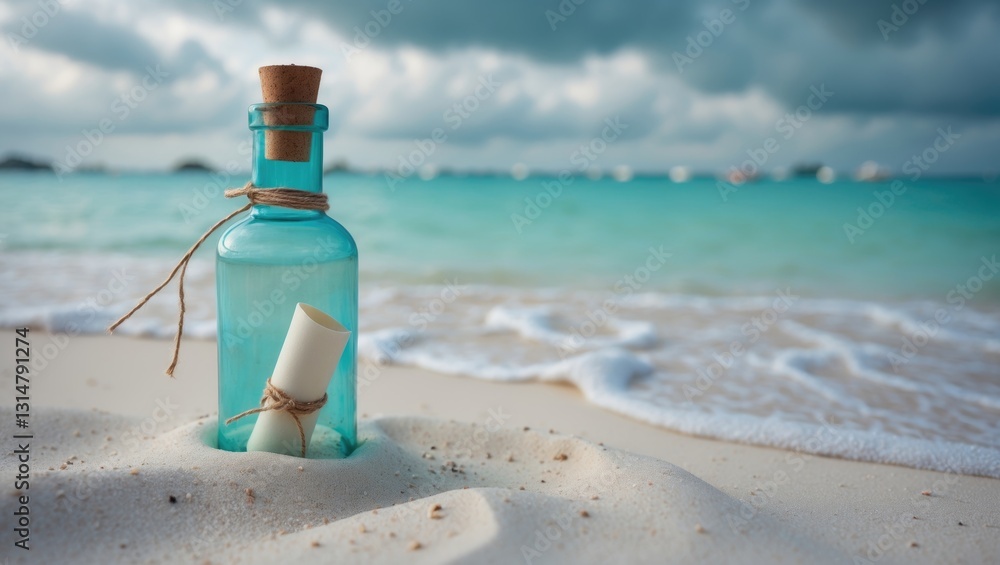 A message in a bottle on the shore. Lifestyle. White sand, crystal-blue beach sea. Ocean relaxation, travel to. A message in a bottle on the shore. Lifestyle. White sand, crystal-blue beach sea. Ocean relaxation, travel to.