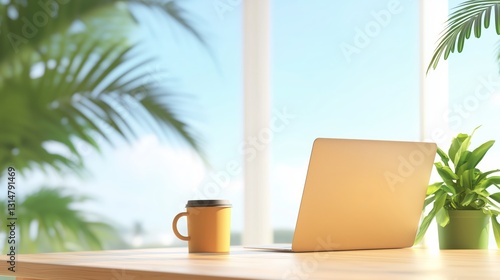 Bright and Inviting Workspace with Laptop and Coffee Cup