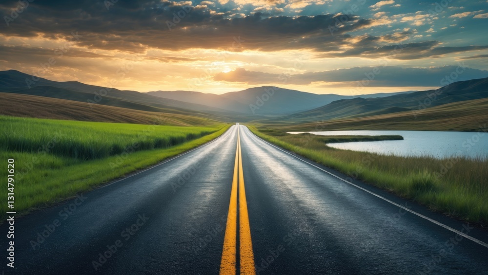 Fototapeta premium I want to design an advertisement for a car battery. I only require the background, captured from a ground-level shot angle with a beautiful road set in a highly dramatic landscape.