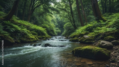 A stream in the forest flows in the shade. Forest river stream. Flow of river stream in forest. Deep forest river stream.