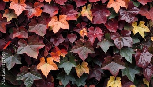 Parthenocissus tricuspidata in autumn showcases grape ivy, a deciduous woody vine that clings to walls with branched tendrils ending in sticky disks, featuring three-lobed leaves changing to orange... photo