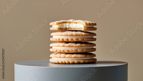 Wallpaper Mural Advertising - overhead image of a vanilla cream cookie, partially eaten, stacked on a podium Torontodigital.ca