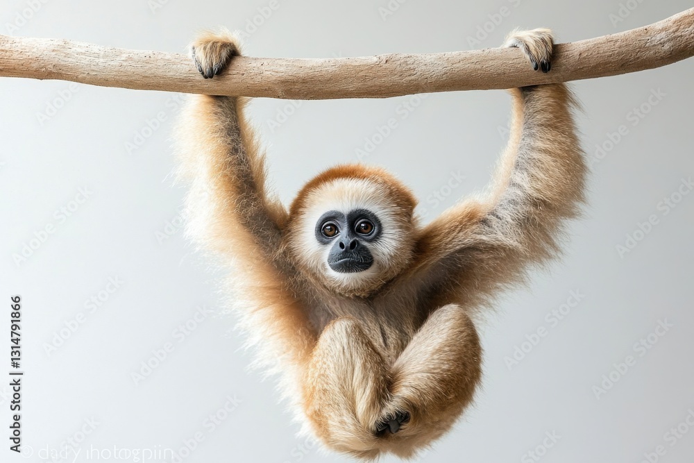 Fototapeta premium Cute gibbon swinging from branch against a neutral background in a playful pose