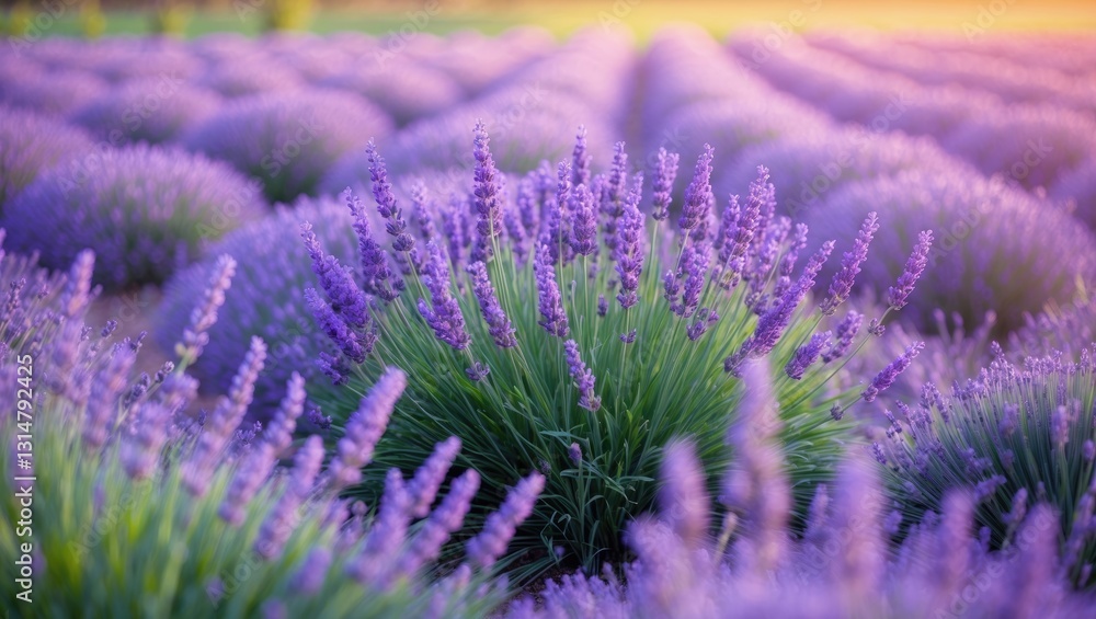 Obraz premium Blooming lavender field. Close-up of lavender sprigs against a blurred background. Essential oil culture. Concept of aromatherapy. Lavender oil. Cosmetology.