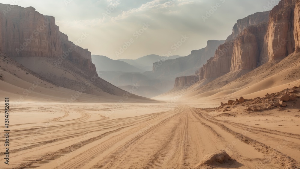 Naklejka premium Safari and travel, extreme journeys or scientific exploration in a rocky desert. Mountain scenery with dust on the horizon, hills, and tracks from the off-road vehicle.