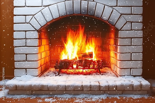 Cozy Fireplace for Snowing, Winter Home. photo