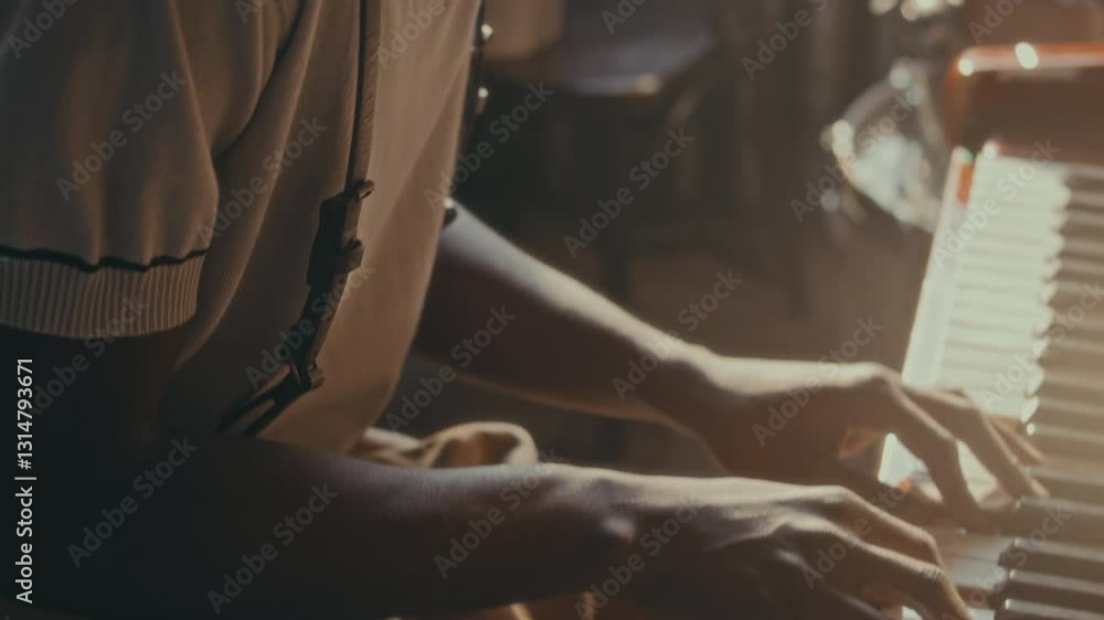 Black jazz performer in elegant retro outfit, lost in music, sitting in sunlit vintage bar and playing piano. Tilt-up, close-up shot Black jazz performer in elegant retro outfit, lost in music, sitting in sunlit vintage bar and playing piano. Tilt-up, close-up shot