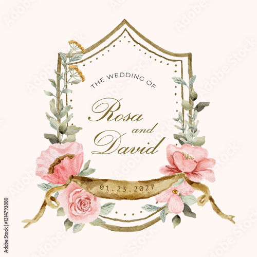 vintage delicate pink floral watercolor wedding crest