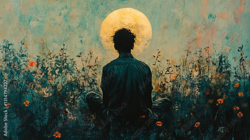 Obraz premium Man meditates in field under large moon