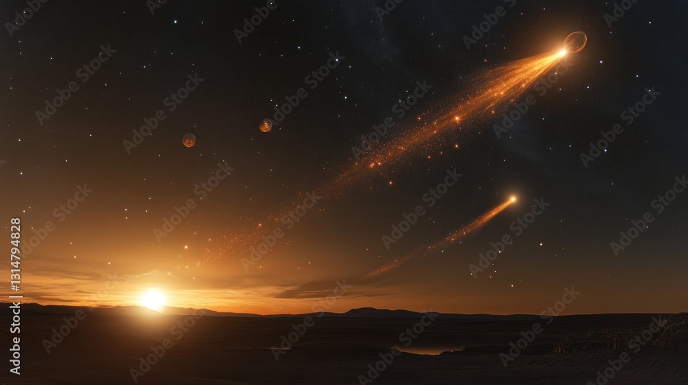 Alien Sunset: Celestial Bodies & Comet Trails Across an Extraterrestrial Landscape Alien Sunset: Celestial Bodies & Comet Trails Across an Extraterrestrial Landscape