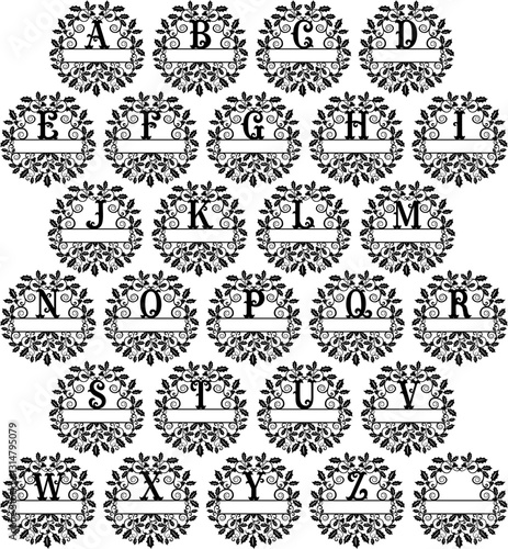 Alphabetical Monogram Design: An array of meticulously crafted alphabet letters, each enclosed within a decorative wreath-like frame, offers a classic and elegant aesthetic.