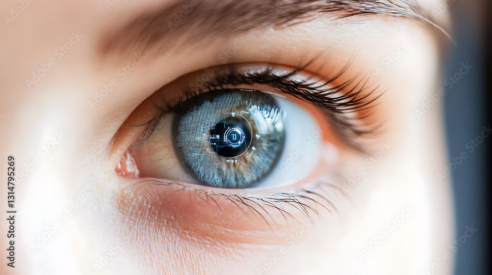 Fototapeta premium Realistic close-up animation of an augmented reality contact lens displaying real-time data and futuristic UI elements over a human eye 