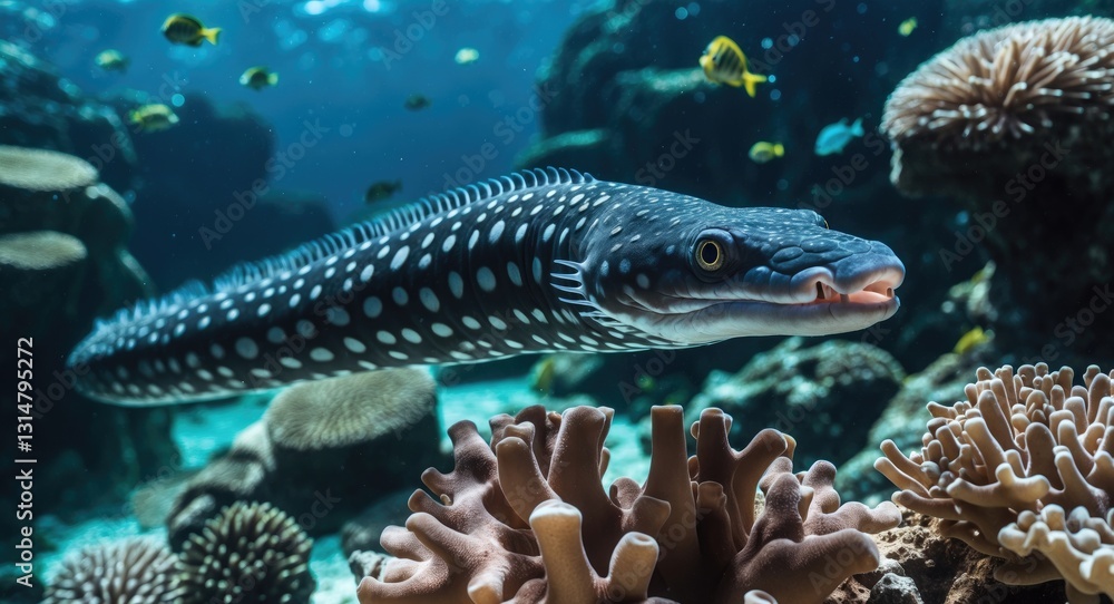 Fototapeta premium Grey spotted moray eel gliding through the coral reef. Animal in the ocean, corals and fish. Snorkeling alongside marine life, underwater photography. Wildlife image.