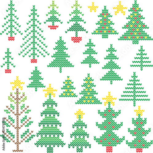 Christmas Tree Extravaganza: A whimsical collection of illustrated Christmas trees of various sizes, adorned with ornaments and stars, evoking a sense of festive joy and holiday cheer.