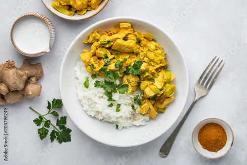 Obraz na plátně assiette de poulet cuisiné au curry et lait de coco accompagné de riz basmati