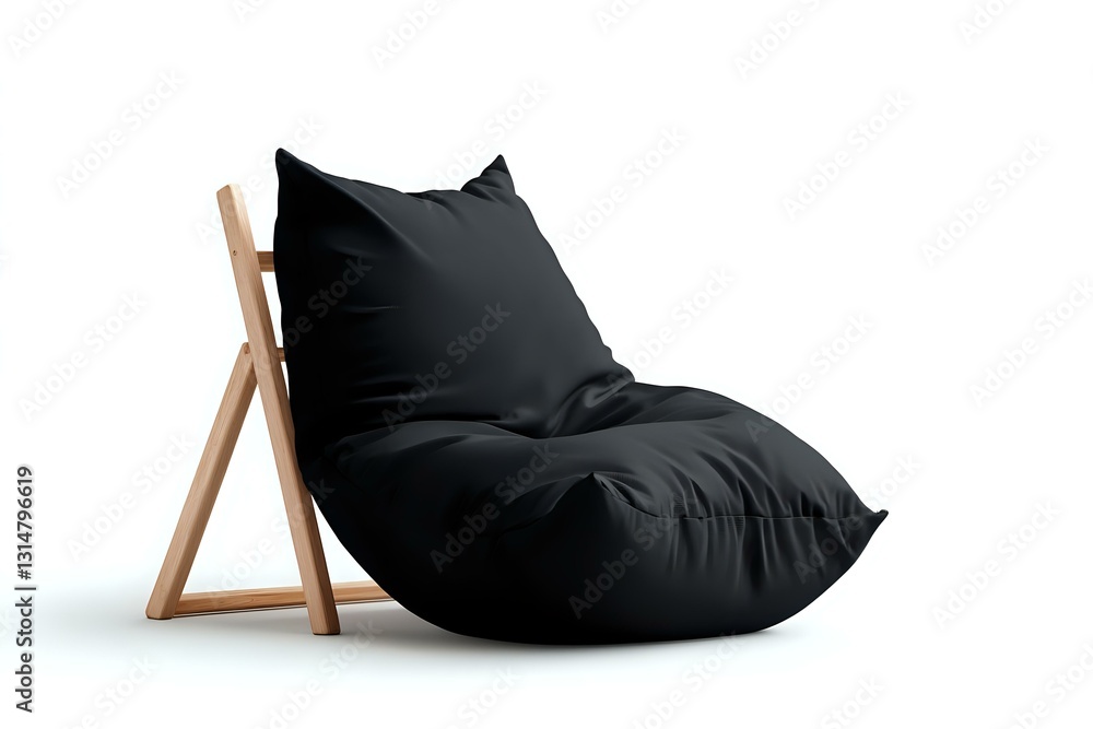 Modern black bean bag chair with wooden support frame on white background, comfortable lounge furniture for contemporary interior design spaces. Modern black bean bag chair with wooden support frame on white background, comfortable lounge furniture for contemporary interior design spaces.