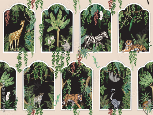 Tiger, giraffe, zebra, leopard, sloth, lemur, monkey animal, lizard, banana tree, tropical palms, plant, liana,  flower, window seamless pattern. Exotic botanical jungle wallpaper.