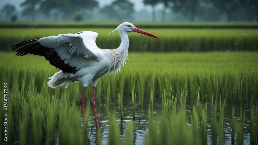 Fototapeta premium A stork of white color standing in a rice field.
