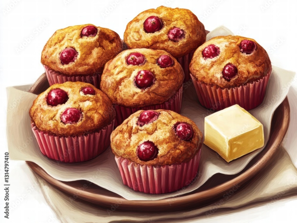 Delicious Cranberry Muffins with Butter on a Wooden Plate Delicious Cranberry Muffins with Butter on a Wooden Plate