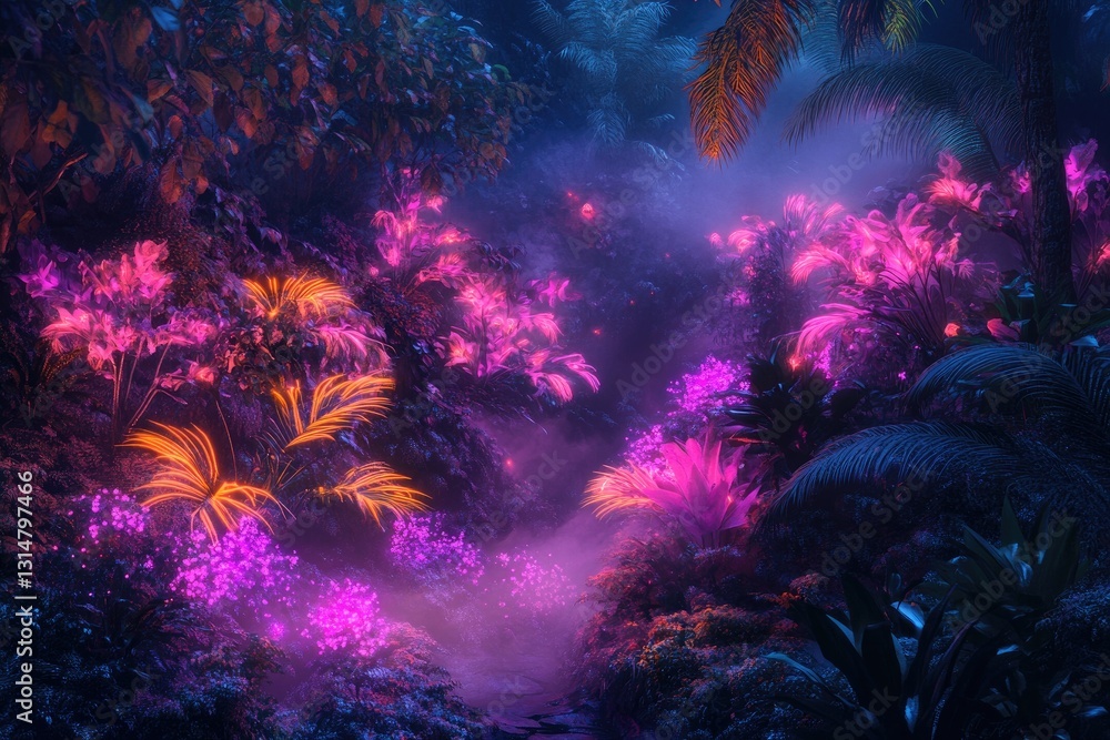 Fototapeta premium A surreal scene depicting neon plants emerging from a gentle mist, their bioluminescent light illuminating hidden paths
