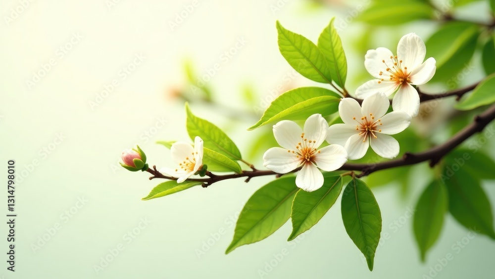 Orange tree branches with isolated flowers, buds, and leaves on a white background. Orange tree branches with isolated flowers, buds, and leaves on a white background.