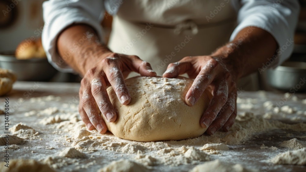 Fototapeta premium Cinematic close-up of a professional artisan baker chef preparing a loaf of dough for making pasta, pizza, and other pastries in a rustic kitchen.