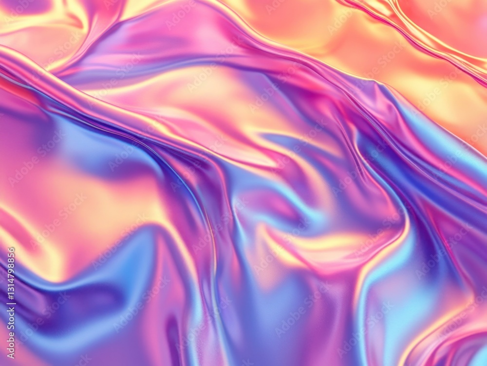 Fototapeta premium Iridescent fabric with flowing waves and soft folds creating a mesmerizing abstract background with vibrant colors and smooth texture