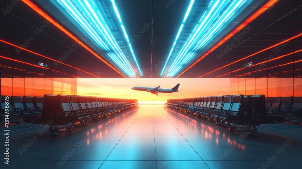 Empty airport terminal, jet taking off at sunset Empty airport terminal, jet taking off at sunset