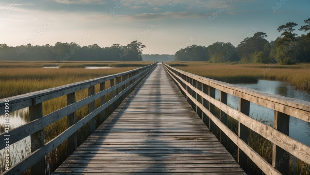 Elevated wooden boardwalk over an estuary, part of a nature preserve in a tidal salt marsh, along the Waterway on a sunny afternoon for themes of ecotourism. Elevated wooden boardwalk over an estuary, part of a nature preserve in a tidal salt marsh, along the Waterway on a sunny afternoon for themes of ecotourism.