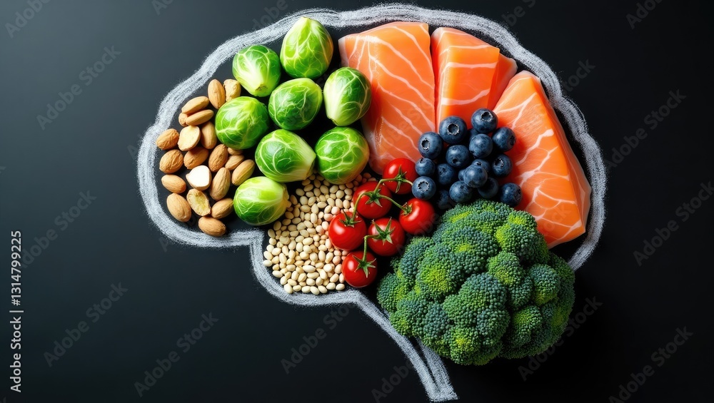 custom made wallpaper toronto digitalChalk-drawn image of a brain filled with various foods for brain health and good memory, including fresh fish, vegetables, nuts, and berries on a black backdrop. Foods to enhance brain power, viewe...