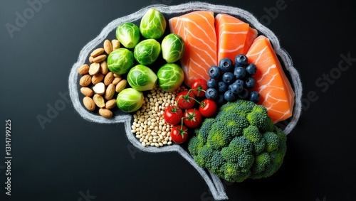 Wallpaper Mural Chalk-drawn image of a brain filled with various foods for brain health and good memory, including fresh fish, vegetables, nuts, and berries on a black backdrop. Foods to enhance brain power, viewe... Torontodigital.ca
