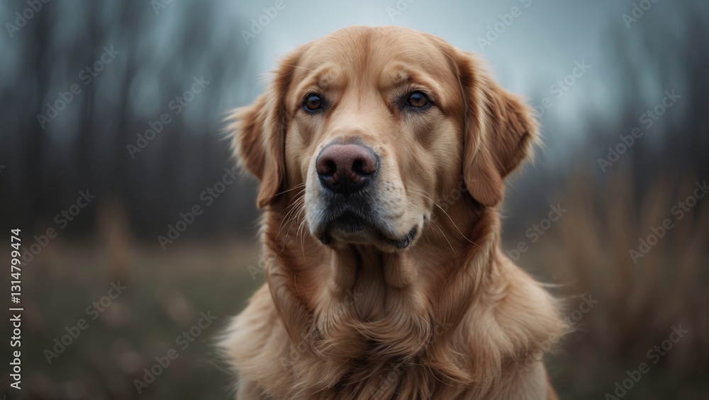 Fototapeta premium Portrait of a purebred Golden Retriever dog in an outdoor setting.