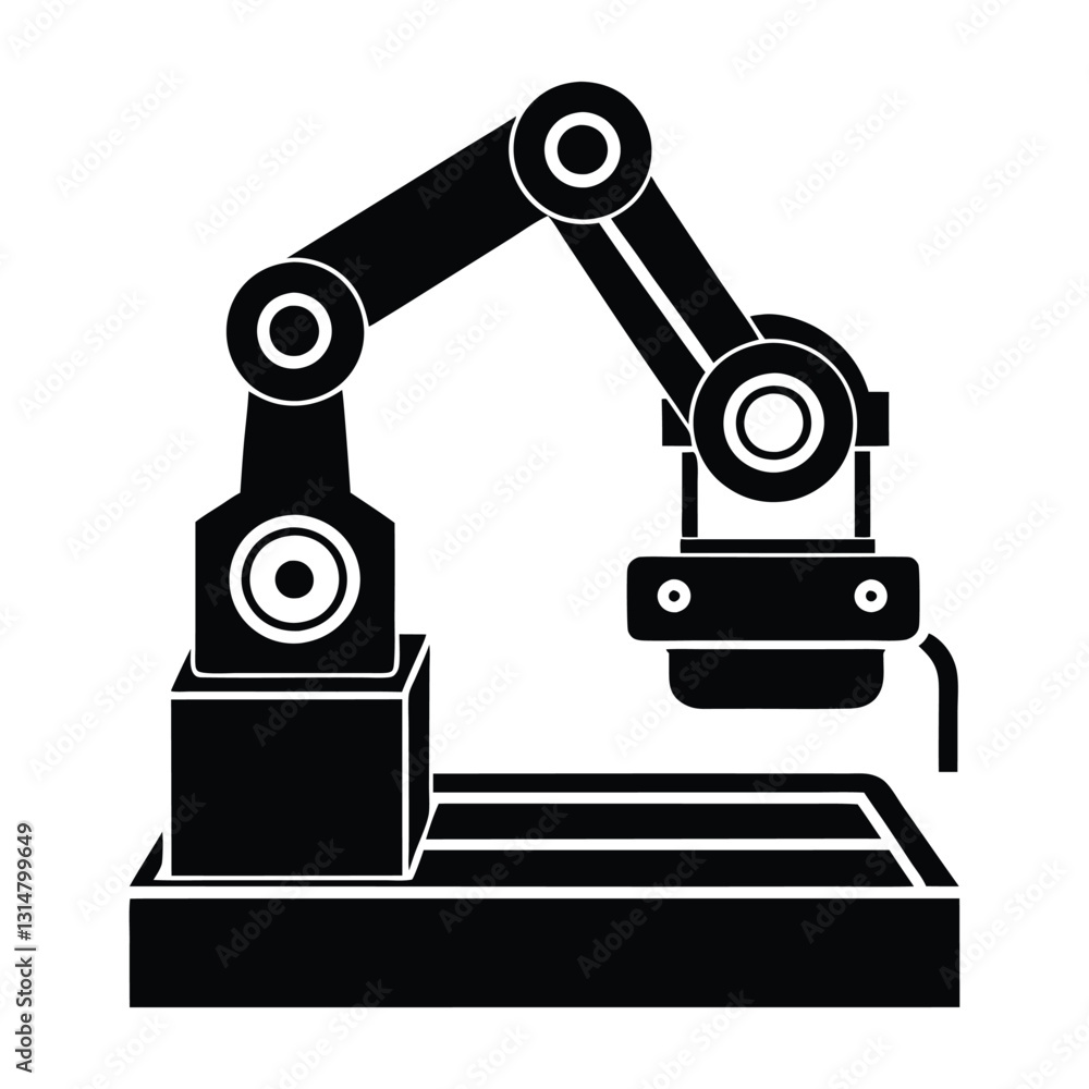 Robot Arm Constructing a Product on a Conveyor Belt Silhouette Robot Arm Constructing a Product on a Conveyor Belt Silhouette