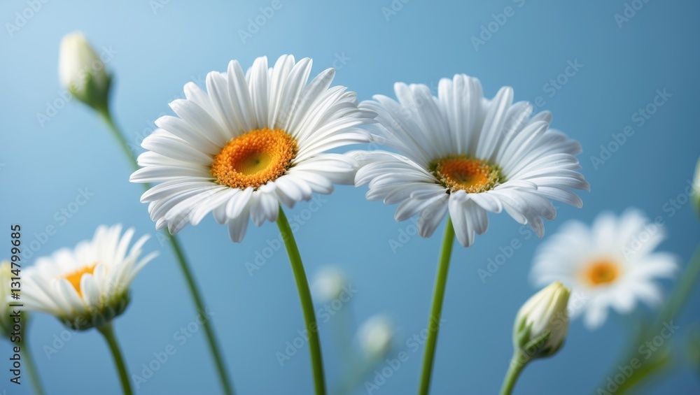Daisies flowers in white. Floral background in blue. Close-up view. Nature. Daisies flowers in white. Floral background in blue. Close-up view. Nature.