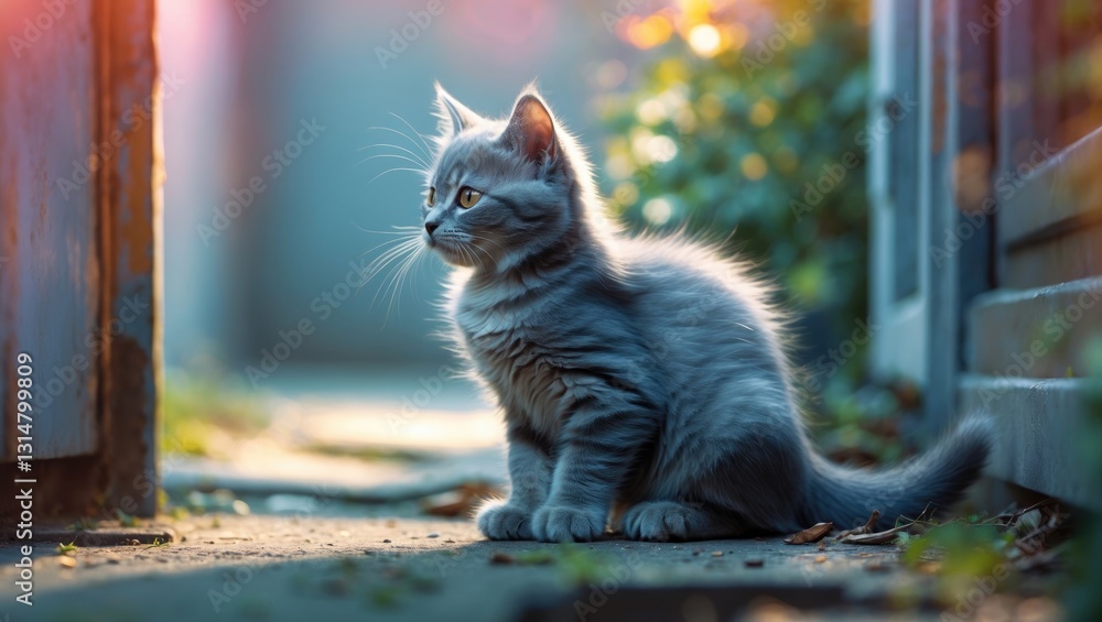 Obraz premium A gloomy grey kitten looking outside.