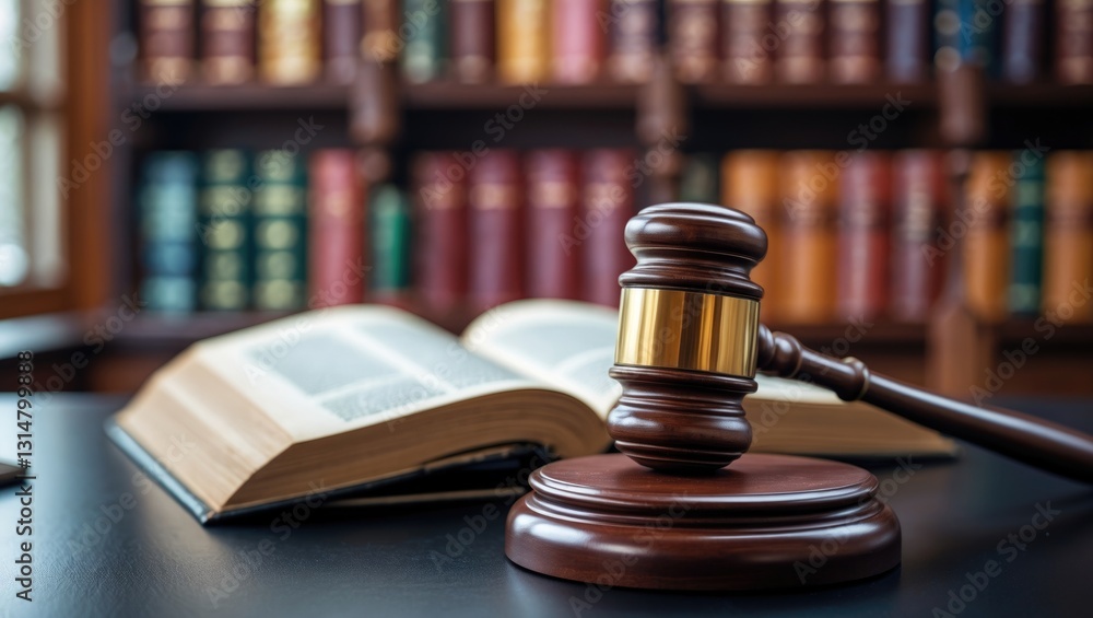 Legal office of attorneys, justice and law theme featuring a judge's gavel or hammer and base placed on a desk within a courtroom, accompanied by blurred books and a bookshelf in the background. Legal office of attorneys, justice and law theme featuring a judge's gavel or hammer and base placed on a desk within a courtroom, accompanied by blurred books and a bookshelf in the background.