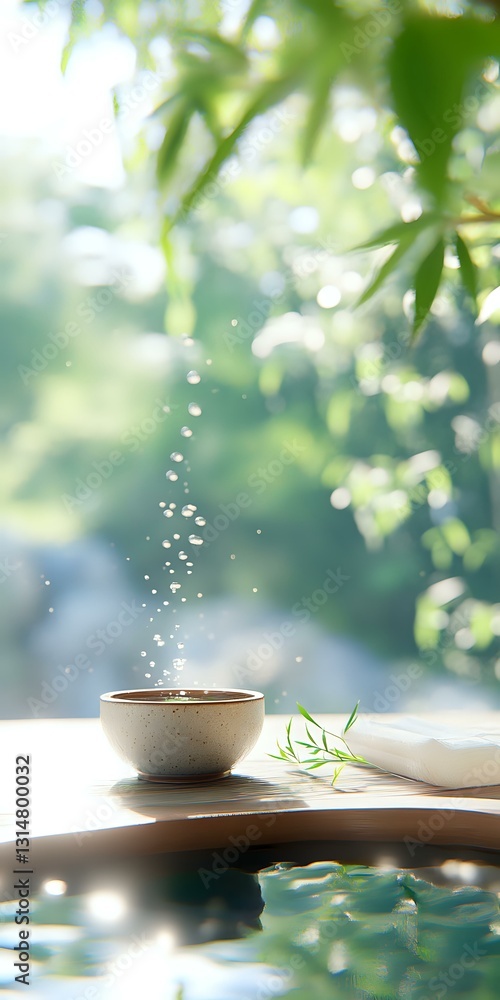 Steaming ceramic bowl on wooden surface against blurred green foliage background, with rising vapor drops creating magical morning atmosphere. Zen wellness concept. Steaming ceramic bowl on wooden surface against blurred green foliage background, with rising vapor drops creating magical morning atmosphere. Zen wellness concept.