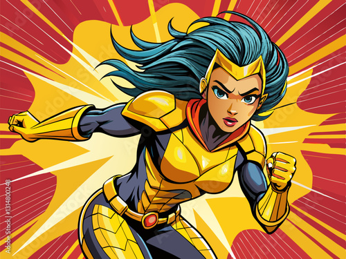 Pop art comic book style super heroine punching with yellow female superhero costume poster design wall decoration illustration
