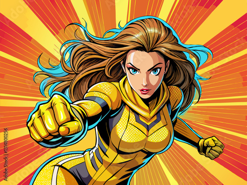 Pop art comic book style super heroine punching with female yellow superhero costume poster design