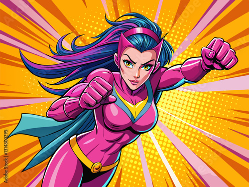 Pop art comic book style super heroine punching with female superhero flying costume poster design wall decoration illustration