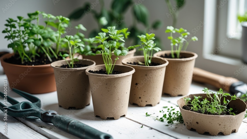 Herbs seedlings developing in biodegradable pots alongside gardening tools. Indoor gardening, homegrown plants, germinating herb seeds, close-up on a white wooden table. Herbs seedlings developing in biodegradable pots alongside gardening tools. Indoor gardening, homegrown plants, germinating herb seeds, close-up on a white wooden table.