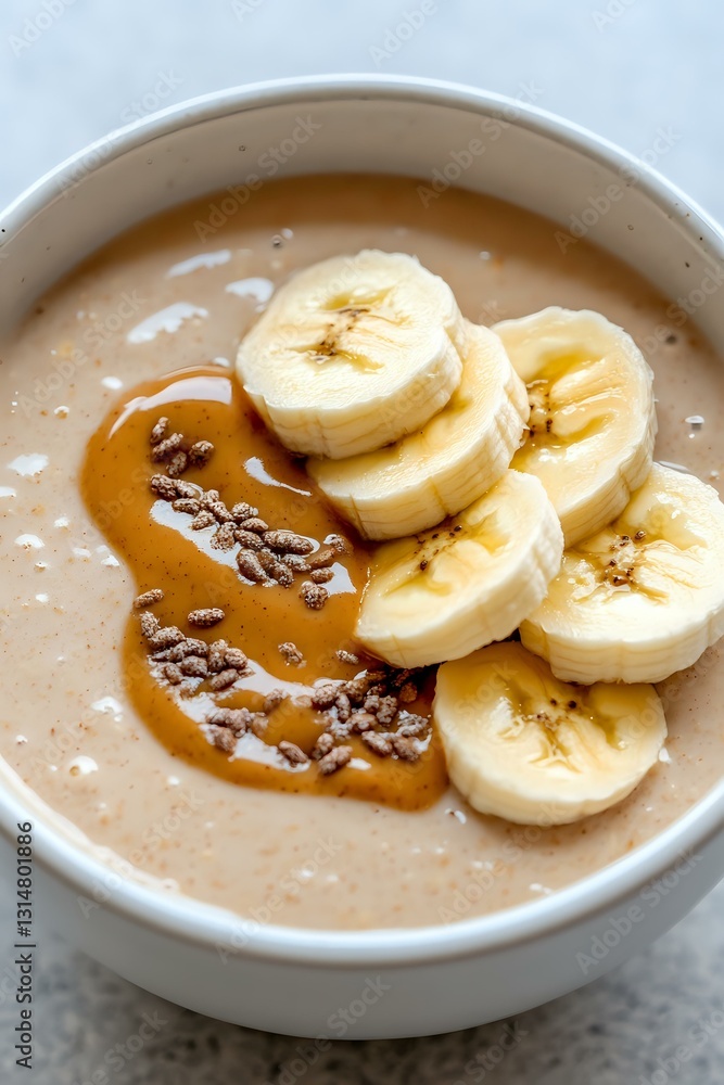Creamy smoothie bowl topped with fresh banana slices, caramel sauce drizzle and chocolate sprinkles served in white ceramic bowl on marble counter. Creamy smoothie bowl topped with fresh banana slices, caramel sauce drizzle and chocolate sprinkles served in white ceramic bowl on marble counter.