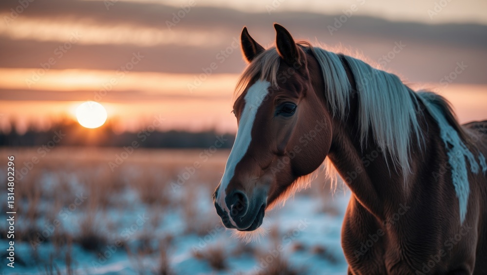 Obraz premium Portrait of stunning horses against a winter sunset field backdrop. Nature. Sunset backlight.