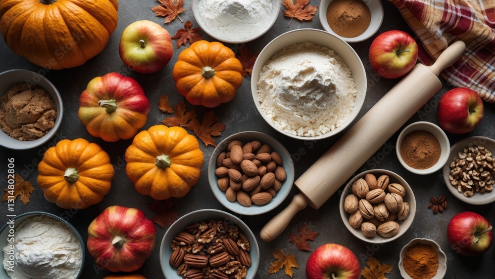 Autumn baking backdrop featuring pumpkins, apples, nuts, food ingredients, and seasonal spices on a white surface, viewed from above, with copy space. Preparing pumpkin or apple pie. Autumn baking backdrop featuring pumpkins, apples, nuts, food ingredients, and seasonal spices on a white surface, viewed from above, with copy space. Preparing pumpkin or apple pie.